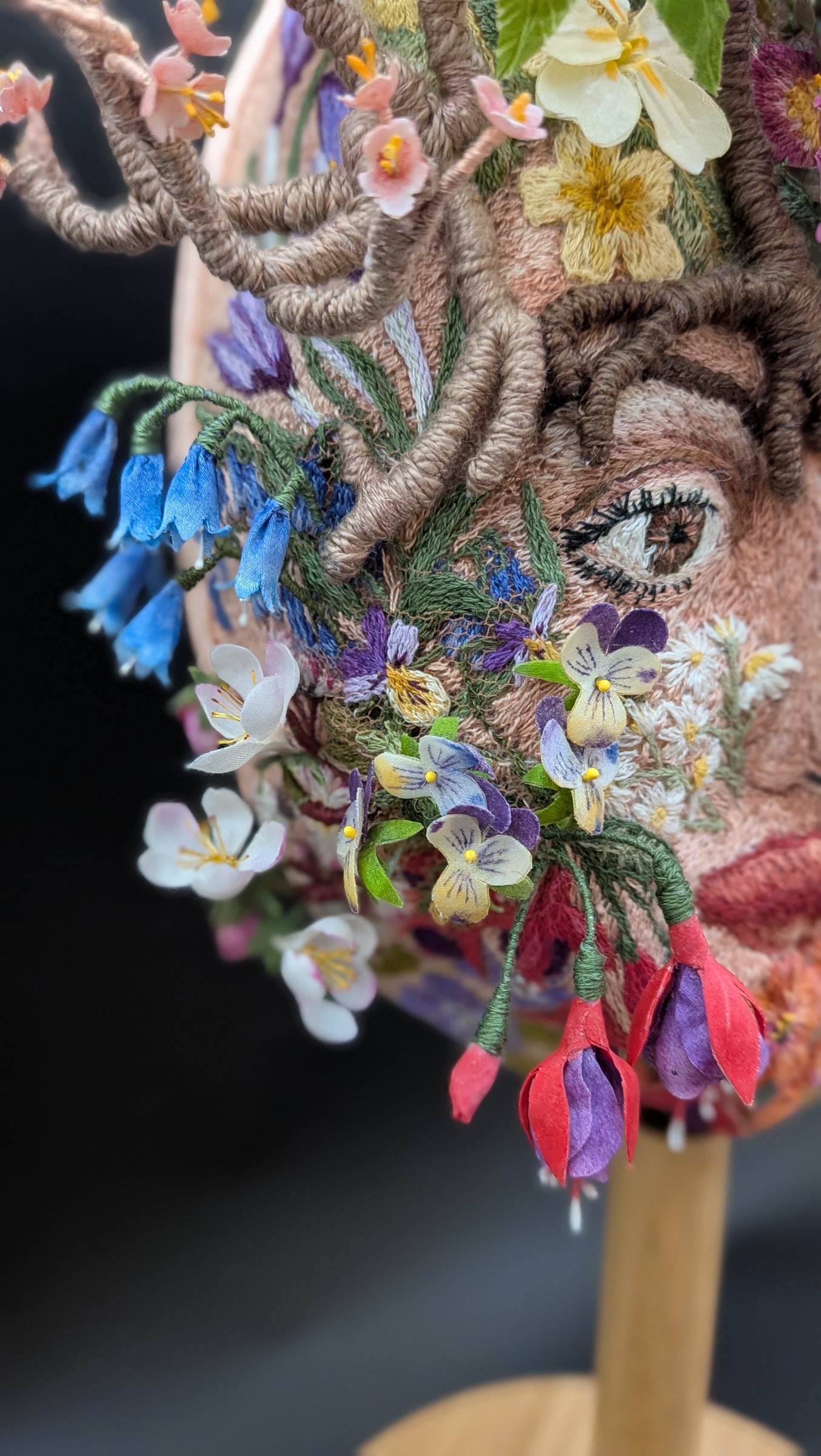 Handmade flowers and stitched branches on My Metamorphosis