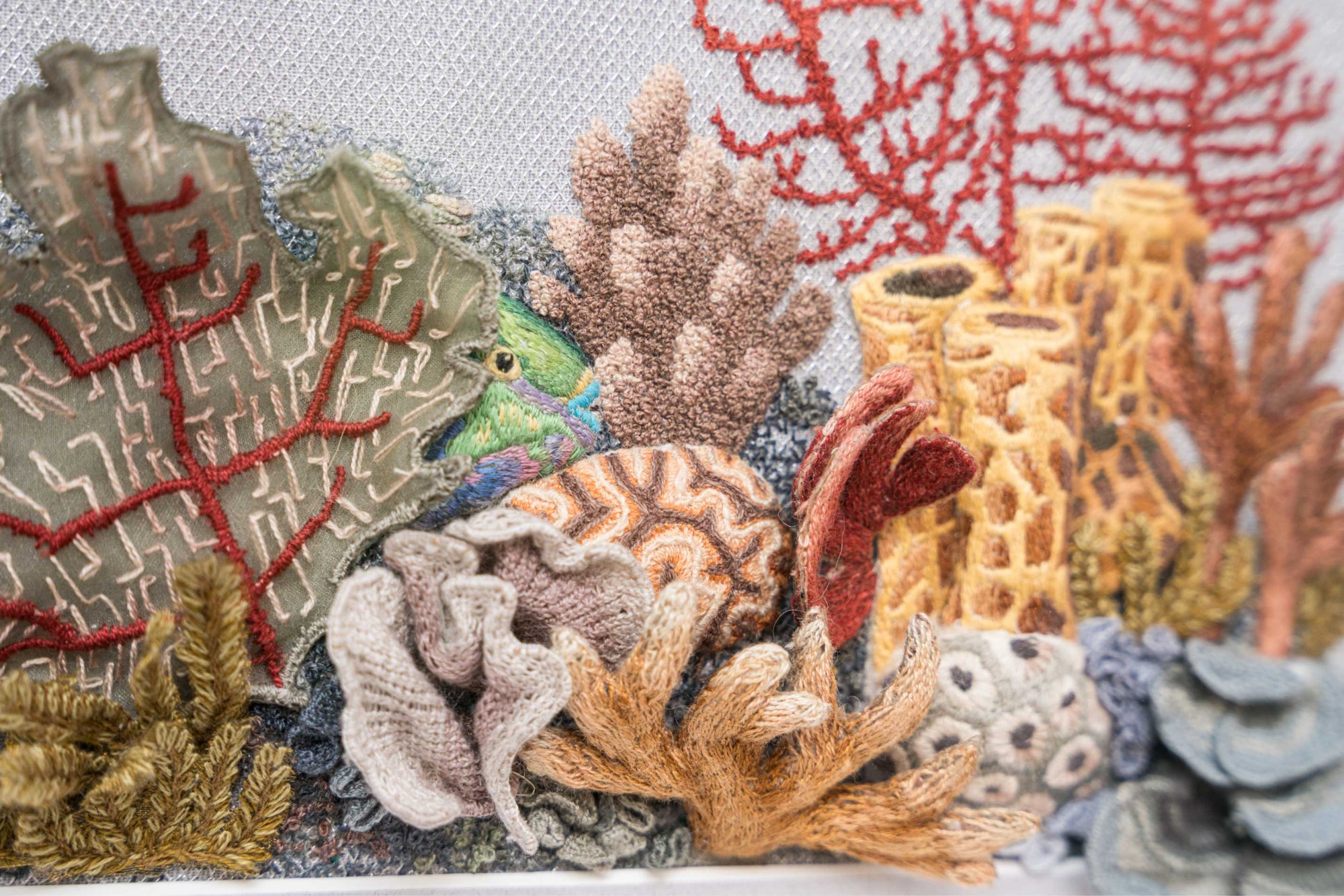 Stumpwork, felting and needle weaving in Mother Nature I