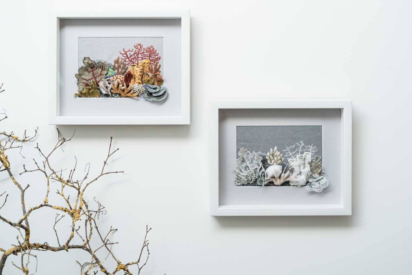 Mother Nature I, Human Nature II, two embroidered coral reef panels in living colour and bleached white