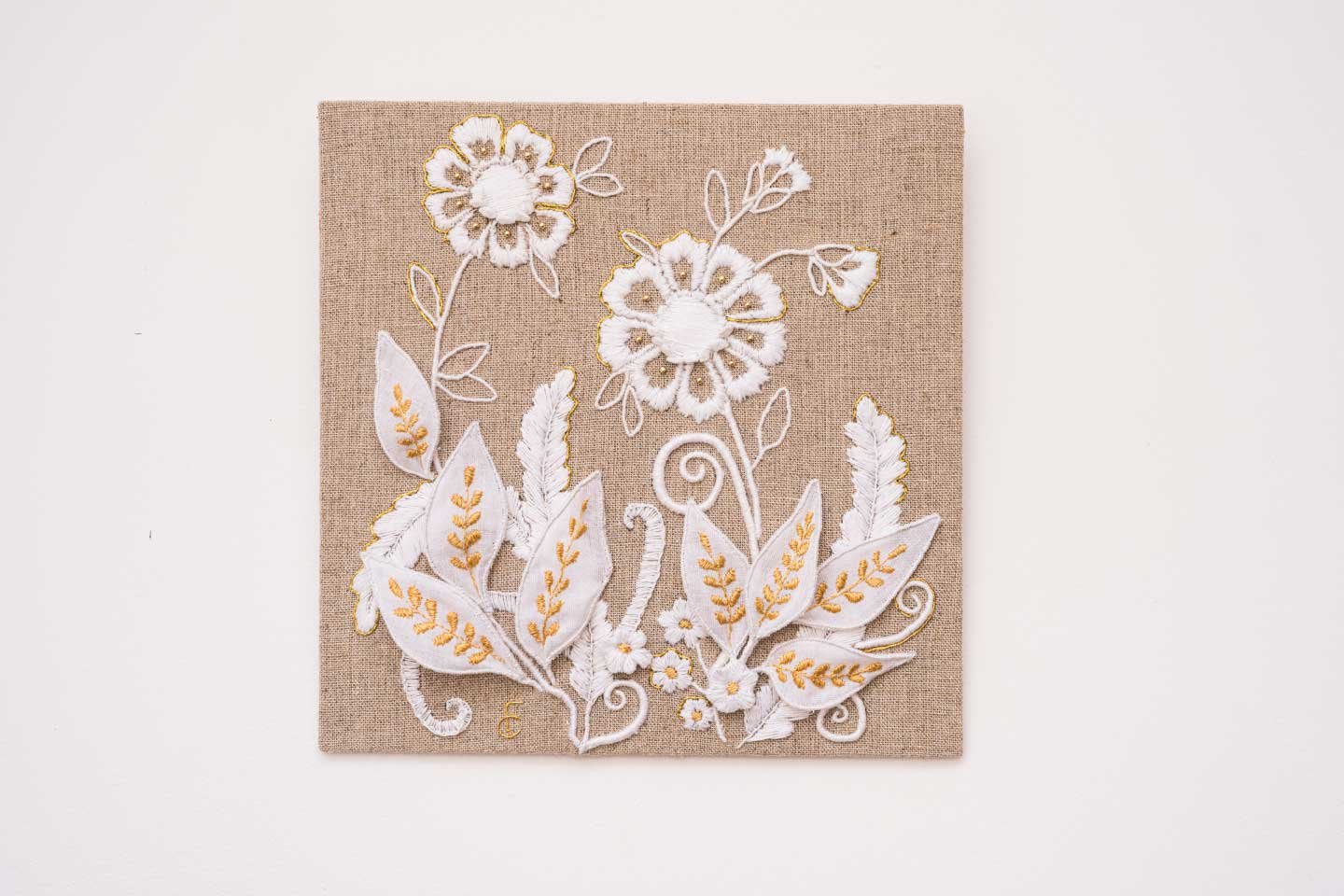 White and Gold I, whitework and goldwork flowers on natural linen